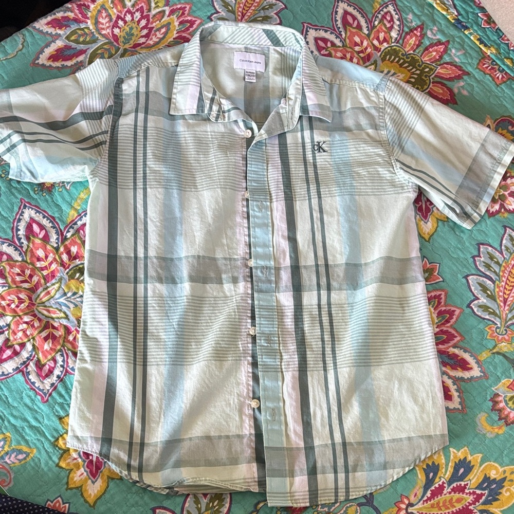 Calvin Klein Men's Light Green Plaid Shirt